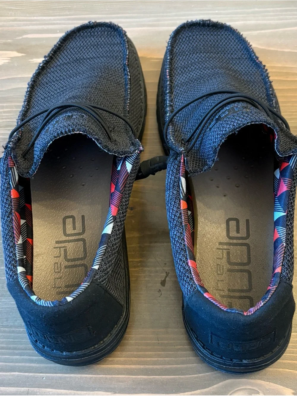 Hey Dude Black Mesh Slip-On Loafers with Multicolor Lining